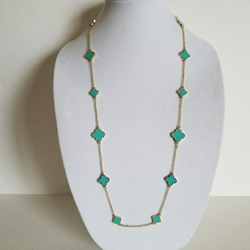 Clover Gold Necklace,Turquoise Four Leaf Clover,36" Long,Brand New